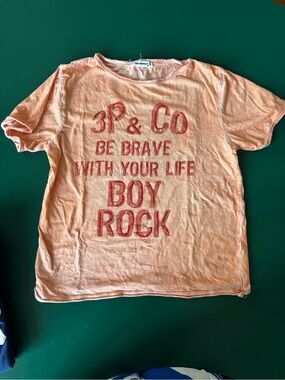Imps & Elfs Peach Short Sleeve Tee with Red Graphic